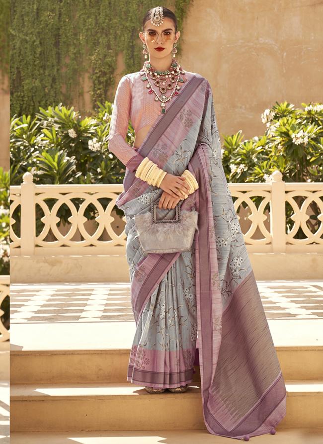 Silk Light Grey Traditional Wear Printed Saree